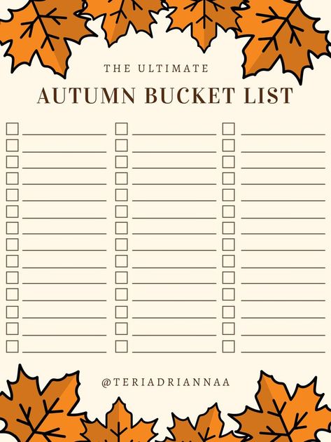 Digitally create or print and fill in the blanks with all of your autumn essentials then see how many you can check off by the end of the season! If you can't complete your list, there's always next year ;) Enjoy! Autumn List, Fall Digital Planner, Fall Bucket List Printable, Autumn Bucket List, Autumn Essentials, Fall Bucket List, Fall Essentials, List Template, Templates Printable Free