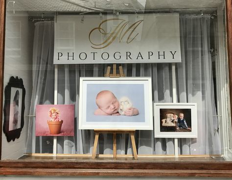 Photography studio window display, store front.  #newbornphotostudio#photographystudioidea #photodisplay #photographystudiocornwall #photographystudiodevon #launcestonstudio Photography Studio Store Front Window, Photography Window Display, Photography Studio Grand Opening, Photography Studio Window Display, Photo Studio Design, Store Front Windows, Photography Office, Basement Studio, Newborn Photography Studio