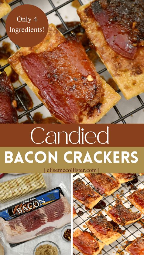 Candied Bacon Crackers » Elise McCollister Candied Bacon Crackers, Savory Crackers, Bacon Crackers, Bacon Cracker, Crackers Appetizers, Holiday Party Game, Corndog Recipe, Club Crackers, Brown Sugar Bacon