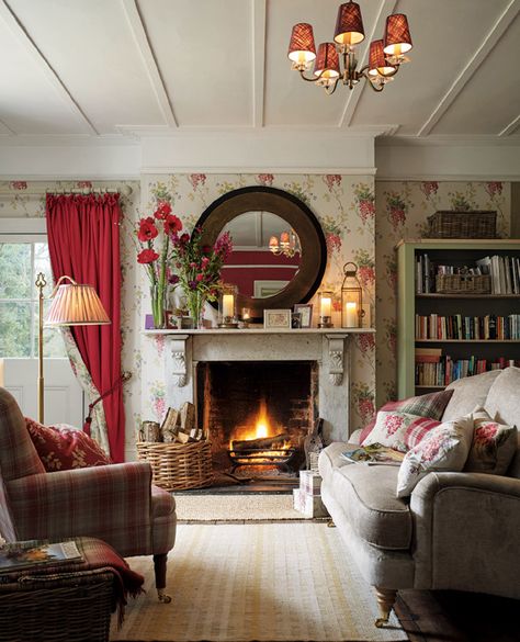 Wisteria Cranberry Floral Wallpaper Country Living Room Design, Cozy Loft, Cottage Room, English Country Decor, French Country Living Room, Country Cottage Decor, Cozy Spaces, Cottage Living Rooms, Reading Nooks