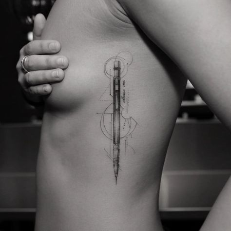 rib tattoo pen tattoo geometrical Writer Tattoo, Pencil Tattoo, Mechanic Tattoo, Cross Tattoos For Women, Pen Tattoo, Simple Tattoo Designs, Rib Tattoo, Mechanical Pencil, Tattoo Designs For Women