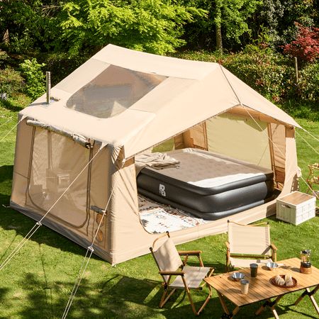 With encrypted oxford cloth, PVC air tube and polyester thread stitching, our 12"x8" inflatable camping tent is quite premium. It's huge and can be placed with inflatable beds, couches, sleeping bags, coffee table and loungers. This glamping tent's prepped with a chimney hole and a convenient storage bag to save small items. This inflatable tent house has PVC transparent skylight and double-layered door curtains to provide efficient internal airflow and good lighting. It only takes you a little time to finish setting up your luxury tent, making your camping trip more relaxing and enjoyable. Size: 12'x8'x7.5'.  Color: Beige. Camping Tent Set Up, Small Tent Camping, Girly Camping, Unique Camping Gear, Cold Weather Tents, Camp Lazlo, Tents Camping Glamping, Camping Foods, Camping Necessities