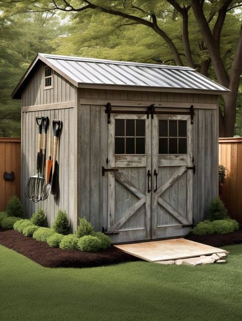 Barn Doors On A Shed, Cool Garden Sheds, Backyard Tool Sheds, Shed With Metal Roof, Tool Sheds Ideas Backyards, Shed Front Ideas, Shed Next To House, Shed Doors Designs, Cute Sheds