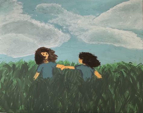 My painting of 2 friends or sisters running around the grass. (any perspective is fine) Field Paint, Grass Painting, Paint Inspo, 2 Friends, Principles Of Design, Girl Running, Nature Paintings, The Grass, Running Women