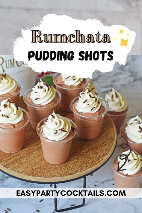 Boozy Chocolate Pudding, Rumchata Pudding Shots, Chocolate Pudding Shots, Pudding Shot Recipes, Rum Cocktails Easy, Rumchata Recipes, Jello Pudding Shots, Boozy Chocolate, Easy Puddings