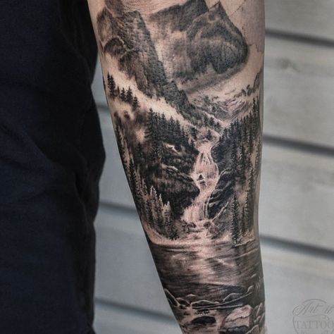 Waterfall tattoo by @arrethai #tattoosformen #mentattoos Waterfall Tattoo Forearm, Waterfall Sleeve Tattoo, Waterfall Mountain Tattoo, Mountain And Waterfall Tattoo, Waterfall Tattoo Sleeve, Forest Mountain Tattoo, Mountain Forest Tattoo, Waterfall Tattoo Ideas, Waterfall Tattoos