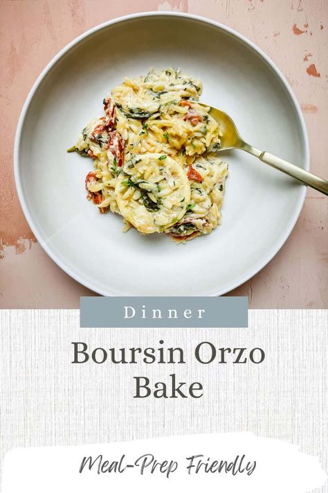 This creamy, tuscan spinach, lemon and boursin orzo bake makes for the perfect family friendly dinner and its sure to impress your guests! #onepandinner #easydinner #healthydinner #orzo #orzorecipe Orzo Boursin, Boursin Orzo, Orzo Bake, Boursin Chicken, Lemon Orzo, Orzo Recipes, Chicken Orzo, Chicken Spinach, Vegetarian Lifestyle