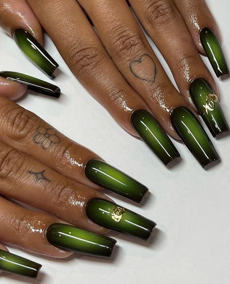 Low Rider Inspired Nails, Dark Green Aura Nails, Afrocentric Nails, Aura Nails Fall, Black Skin Nails, Green Airbrush Nails, Bold Acrylic Nails, Loki Inspired Nails, Lowrider Nails