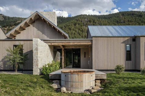 Inside a dreamy Idaho mountain home with modern and rustic details Contemporary Ranch Home, House Mediterranean, 2023 Picture, Dark Countertops, Modern Tiles, Ranch Home, Hot Tub Outdoor, Level Homes, Outdoor Inspirations