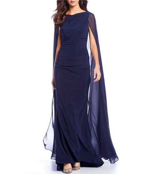 Betsy & Adam Boat Neck Chiffon Cape Gown Long Sleeve Velvet Gown, Renda Kebaya, Formal Dresses Long Elegant, Bride Dress Elegant, Chiffon Cape, Mother Of The Bride Dresses Long, Cape Gown, Destination Wedding Dress, Mother Of Groom Dresses