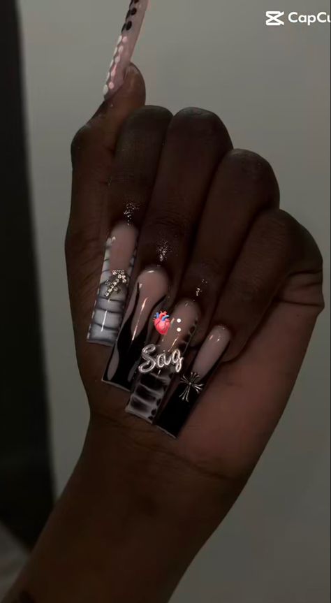 Saggitarius Birthday Nail Ideas, Black Sagittarius Nails, Sagittarius Birthday Nail Ideas, Birthday Nails For Sagittarius, Sagittarius Birthday Nails Designs, Sag Nail Designs, Sag Birthday Nails, Sagittarius Acrylic Nails, Birthday Nail Set Ideas Sagittarius