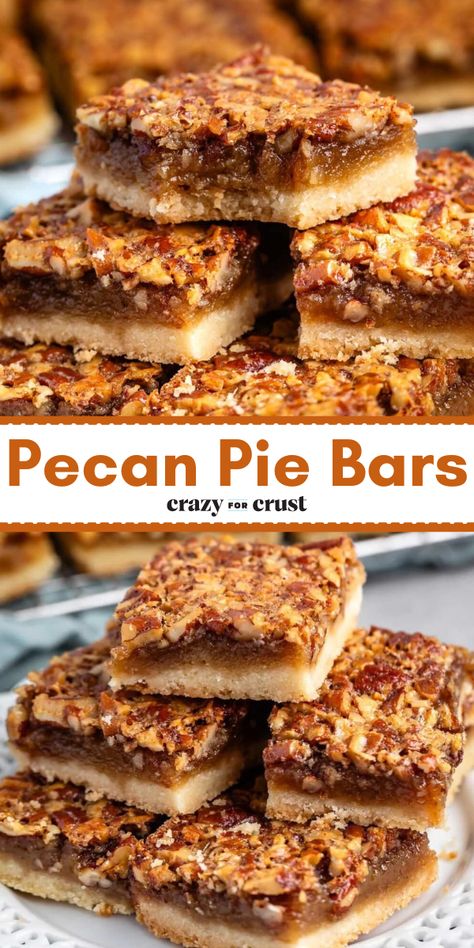 The Pecan Pie Bars taste exactly like a pecan pie but they’re in cookie bar form with a shortbread crust. Creamy and crunchy and perfectly sweet – they’re the perfect dessert when you want to serve something easier than pie! Pecan Bars With Cake Mix Crust, Sugar Cookie Pecan Pie Bars, Pecan Pie Bars With Sugar Cookie Crust, Pecan Pie Bar Recipe, Dessert With Pie Crust Ideas, Pecan Pie Shortbread Cookies, Pecan Bars Recipe Shortbread Crust, Pecan Pie Bars With Shortbread Crust, Pecan Bars Recipe Easy