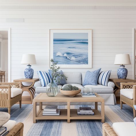 Australian Hamptons Style Interiors, Summer House Interior Design, Classic Coastal Home, Classic Coastal Interior Design, Coastal Hamptons Style Living Rooms, Hamptons Style Decor Living Rooms, Interior Coastal Style, Holiday Home Interiors, Hampton Style Living Room