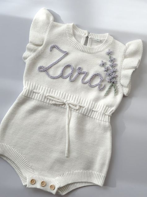 Kids name romper, Name jumpper, Hand embroidered name onesie, Frill romper, Hand embroidery ideas, Flower embroidery, Gift ideas, First birthday, Name embroidery, Flower bouquet embroidey Embroidery Gift Ideas, Hand Embroidery Ideas, Name Onesie, Hand Embroidered Name, Embroidered Onesie, Embroidery Yarn, Name Embroidery, Embroidered Name, Birthday Name