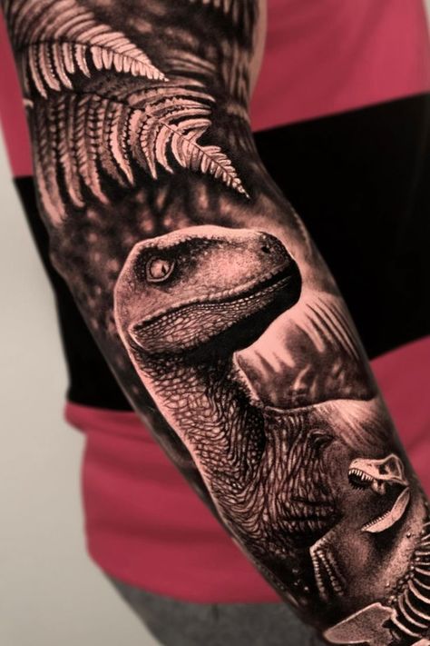 Jurassic Park Leg Sleeve, Dinosaur Tattoos For Men, Dino Sleeve Tattoo, Dinosaur Tattoo Realism, Jurassic Park Sleeve Tattoo, Dinosaur Leg Sleeve Tattoo, Jurrasic World Tattoo, Dinosaur Tattoo Men, Dinosaur Leg Tattoo