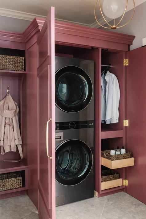 30 Small Laundry Room Ideas for the Tiniest of Apartments | Architectural Digest Bathroom And Laundry Room Combo, Bathroom Laundry Room Combo, Kids Playroom Basement, Apartment Laundry, Playroom Basement, Laundry Cupboard, Blue Laundry Rooms, Small Laundry Room Ideas, Kitchen Mudroom