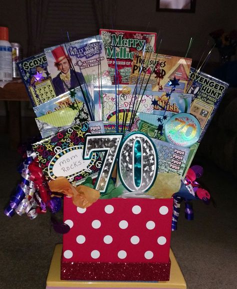 70th Birthday Gift Idea. Made with Scratchy Tickets and Envelopes Filled With Money. Scratchie Gift Ideas, 70 Th Birthday Gift Ideas, 70th Birthday Ideas For Mom Gift, Diy 70th Birthday Decorations, 70th Birthday Gift Ideas For Dad, 70th Birthday Favors, 70th Birthday Ideas For Mom, 70th Birthday Gift Ideas, Card Bouquet