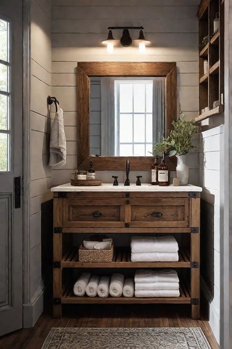 Farmhouse Bathroom Vanity with Vintage Accents Rustic Farmhouse Half Bath, Bathroom Vanity Open Shelving, Cabin Bathroom Ideas Rustic, Log House Bathroom, Farmhouse Modern Bathroom, Bathroom Rustic Farmhouse, Rustic Home Decor Bathroom, Farmhouse Bathroom Vanity Ideas, Rustic Bathroom Fixtures