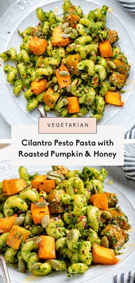 Incredible cilantro pesto pasta with roasted pumpkin, honey and a sprinkle of red chili flakes. This vegetarian pumpkin pesto pasta recipe is a delicious, fall take on regular pesto pasta with the addition of sweet & spicy roasted pumpkin, pepitas and plenty of cozy spices. Enjoy on its own or with your favorite proteins for the perfect main dish or side! #pasta #pumpkin #pesto #healthydinner #healthylunch #vegetarian Side Pasta, Pumpkin Pesto, Pasta Pumpkin, Pesto Pasta Recipe, Cilantro Recipes, Meatless Dishes, Cilantro Pesto, Pesto Pasta Recipes, Pumpkin Pasta