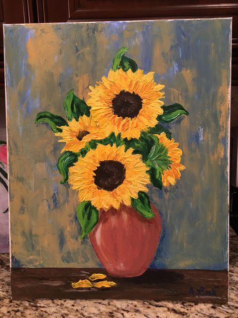 Acrilyc Paintings Ideas Flowers, Sunflower Oil Pastel, Painting Ideas Sunflowers, Sunflower Painting Easy, Easy Sunflower Painting, Cool Paintings Ideas, Sunflower Painting Acrylic, Canvas For Office, Beautiful Acrylic Painting