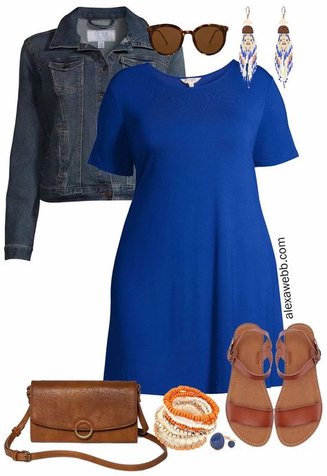 A plus size blue dress outfit on a budget with a denim jacket, boho statement earrings, crossbody bag, and sandals. Plus Size On A Budget, Plus Size Blue Dress, Blue Dress Outfit, Blue Dress Outfits, Dresses For Apple Shape, Alexa Webb, Blue Knit Dress, Modest Casual Outfits, Budget Outfits