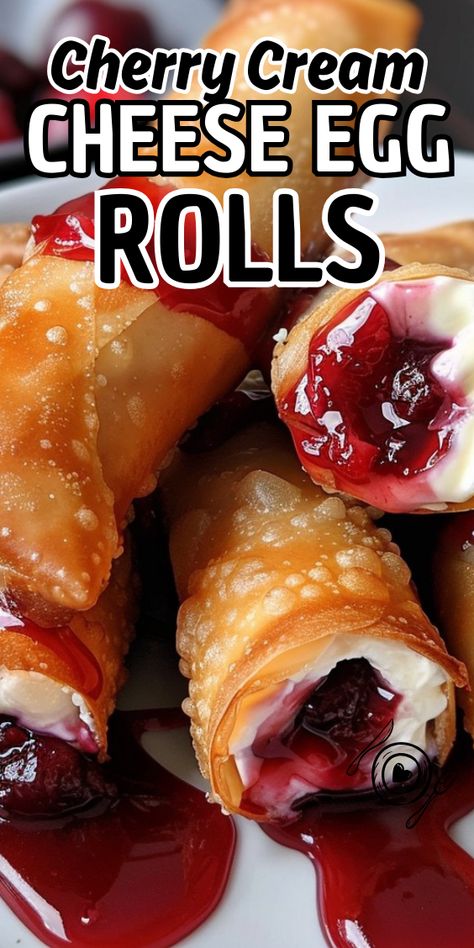 Cherry Cream Cheese Egg Rolls Crispy Cherry Cheesecake Egg Rolls, Cream Cheese Egg Rolls Desserts, Fruit Egg Rolls Cream Cheeses, Egg Roll Wrapper Desserts, Cherry Cream Cheese Egg Rolls, Cherry Egg Rolls, Strawberry Cream Cheese Egg Rolls, Fruit Eggrolls, Air Fryer Cherry Cheesecake Egg Rolls