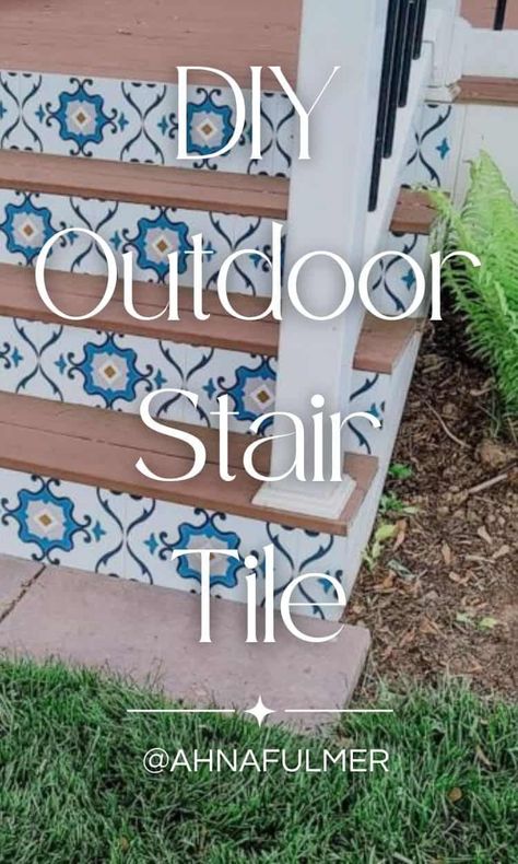 Learn how to add an outdoor vinyl tile for stair risers with this tutorial, and elevate your outdoor space with a touch of color and flair. Tap on this pin to get this DIY tutorial and more with Ahna Fulmer // HammersNHugs.com. #outdoorproject #outdoorliving #stairmakeover Tiles For Stairs, Stair Riser Tile, Outdoor Staircase, Roofing Nails, Wooden Picnic Tables, Backyard Swings, Diy Basement, Tile Stairs, Outdoor Steps