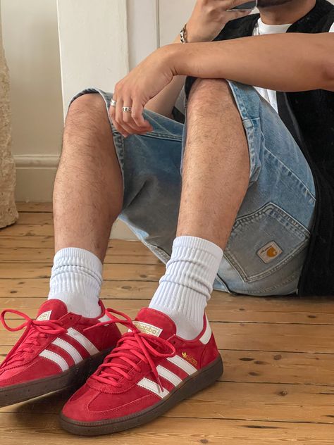 Carhartt jorts, adidas spezial Carhartt Jorts Outfit, Spezial Adidas Outfit Men, Adidas Spezial Outfit Mens, Adidas Spezial Red, Red Shoes Outfit Men, Colorful Shoes Outfit, Adidas Spezial Outfit, Red Sneakers Outfit, Red Sneakers Men