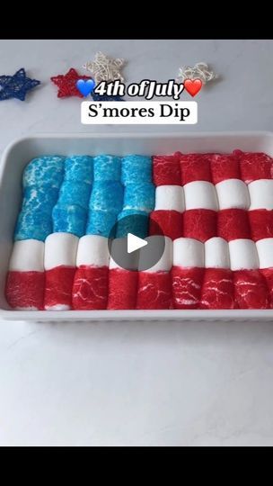 1.1K reactions · 790 shares | ### Ingredients:
- Hershey bars (enough to cover the bottom of a 13x9-inch pan)
- Large marshmallows
- Blue and red sprinkles
- Graham crackers

### Instructions:

1. **Preheat the Oven:**
 - Preheat your oven to 350°F (175°C).

2. **Prepare the Pan:**
 - Place unwrapped Hershey bars evenly in the bottom of a 13x9-inch baking pan.

3. **Decorate the Marshmallows:**
 - Fill a small bowl with water.
 - Pour blue and red sprinkles into separate shallow bowls.
 - Skewer each marshmallow with a toothpick or skewer.
 - Dip each marshmallow lightly into the water, then roll it in the blue or red sprinkles to coat the bottom half.

4. **Arrange the Marshmallows:**
 - Remove the toothpicks or skewers from the marshmallows.
 - Arrange the marshmallows on top of the choc Fourth Of July Snacks, Patriotic Snacks, Large Marshmallows, Dessert Videos, Girlfriend Ideas, Marshmallow Desserts, Shallow Bowls, Easy Dessert Recipes Quick, Patriotic Food