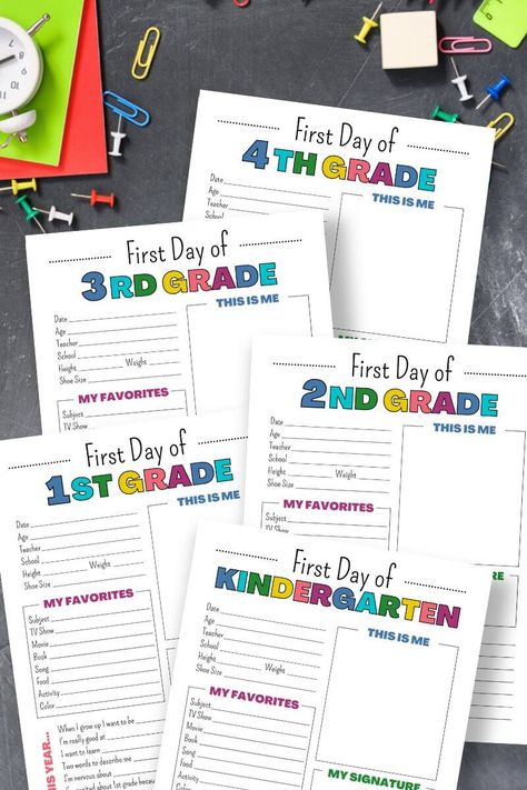 First Day Of Kindergarten Questionnaire, 1st Day Of School Interview, School Information Printable, Last Day Of School Interview Printable, First Day Of School Keepsake, School Year Keepsake Storage, Back To School About Me Printables, First Day Of School About Me, First Day Of School Time Capsule