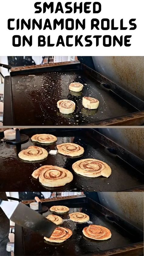 Experience cinnamon roll perfection like never before with our Blackstone Smashed Cinnamon Rolls.– they're quick, taking less than 15 minutes, and require minimal prep; just preheat your flat top griddle, and you're good to go!#smashedcinnamonrollsonblackstone#smashedcinnamonrollsblackstone#blackstonesmashedcinnamonrolls Flat Top Desserts, Camping Breakfast Blackstone, Camping Food On Griddle, Black Stone Cinnamon Rolls, Baked Potatoes On Blackstone Griddle, Black Stone Flat Top Grill Recipes, Smashed Cinnamon Rolls On Blackstone, Blackstone Recipes For Beginners, Blackstone Griddle Dessert Recipes