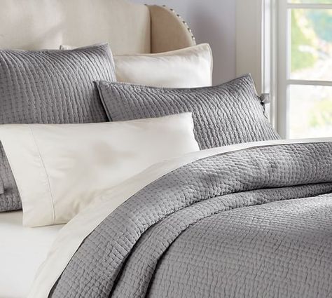 Pick-Stitch Handcrafted Quilt, Full/Queen, Flagstone Gray Gray Pillow, Bedding Quilts, Pick Stitch, Textured Bedding, Neutral Bedding, Grey Linen Bedding, Coverlet Bedding, Linen Quilt, Quilted Sham