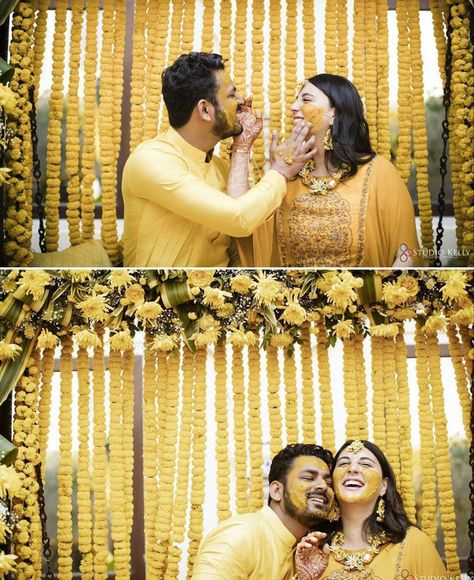 #haldi #portrait #couple #indianwedding #yellow Haldi Couple, Haldi Shoot, Haldi Poses For Bride, Haldi Photoshoot, Haldi Ceremony Outfit, Haldi Function, Portrait Couple, Haldi Ceremony, Bed Furniture Design