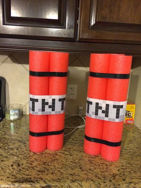 I saw that going differently in my mind...: Pool noodle TNT sticks (Minecraft Party) Minecraft Birthday Decorations, Minecraft Party Ideas, Diy Minecraft Birthday Party, Minecraft Diy, Minecraft Party Decorations, Minecraft Decoration, Minecraft Theme, Diy Minecraft, Minecraft Room