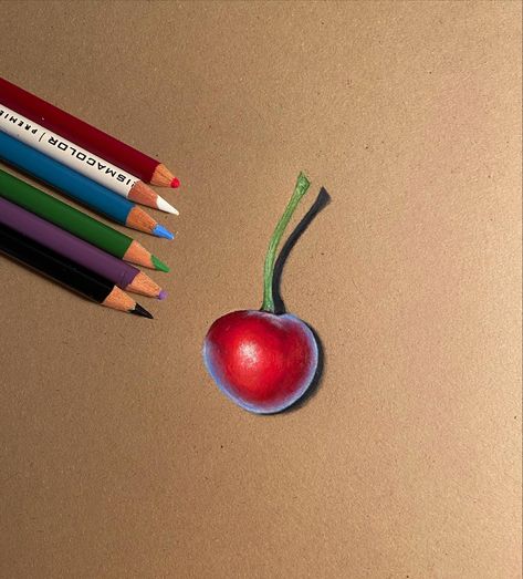 A bright red cherry drawing on tan paper Realistic Pencil Drawings, Cherry Color, Realistic Drawing, Color Pencil Drawing, Color Pencil, Realistic Drawings, Art Block, Pencil Drawing, Drawing Ideas