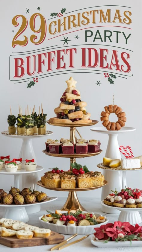 This image presents 29 Christmas party buffet ideas, showcasing an assortment of elegant holiday foods. The spread includes a Christmas tree-shaped bread tower, skewered appetizers, cheese bites, mini tarts, and festive garnishes. Perfect for creating an inviting Christmas party food spread or brunch! Easy Christmas Party Food, Food Ideas For A Crowd, Christmas Party Buffet, Hot Cocoa Bar Christmas, Christmas Party Food Ideas, Ultimate Christmas Party, Easy Christmas Party, Buffet Set Up, Party Stations