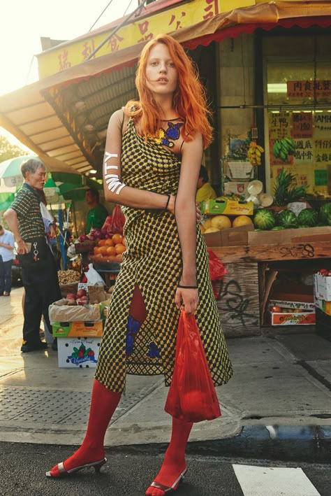 Julia Banas Wears Bohemian Plaids Lensed By Catherine Servel For Numero Tokyo November 2017 — Anne of Carversville Tokyo Editorial, Fashion Photography Street, Editorial Fashion Shoot, Pose Model, Fruit Stand, China Town, Fashion Photography Inspiration, Fall Photoshoot, Street Fashion Photography