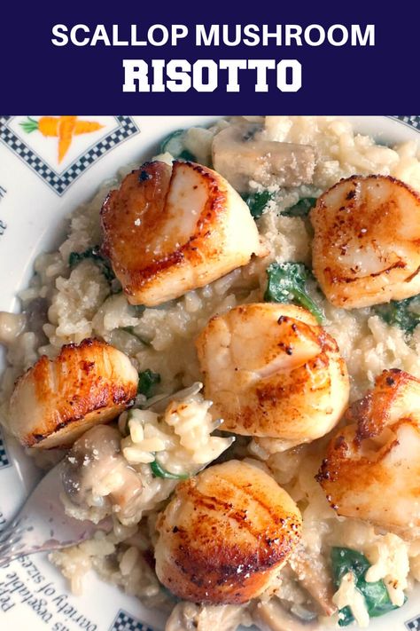 Scallops With Mushroom Risotto, Scallops And Mushrooms Recipe, Scallops With Risotto, Scallop Mushroom, Dinner With Mushrooms, Italian Marinated Chicken, Spinach Risotto, Hearty Lunch, Making Dinner