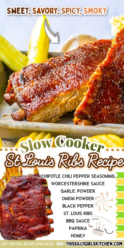 St. Louis ribs are rubbed and slathered in a honey chipotle bbq sauce, then slow-cooked until fall-apart tender. This ribs in the slow cooker recipe from This Silly Girl's Kitchen are delicious. You can miss their sweet and tangy flavor. Your family will want them again and again. Crock Pot St Louis Style Ribs, Slow Cooker St Louis Style Ribs, Crockpot St Louis Style Ribs, St Louis Ribs Instant Pot, St Louis Ribs In Crockpot, Crockpot Spare Ribs, Ribs In Slow Cooker, St Louis Ribs Recipe, Crockpot Pork Ribs