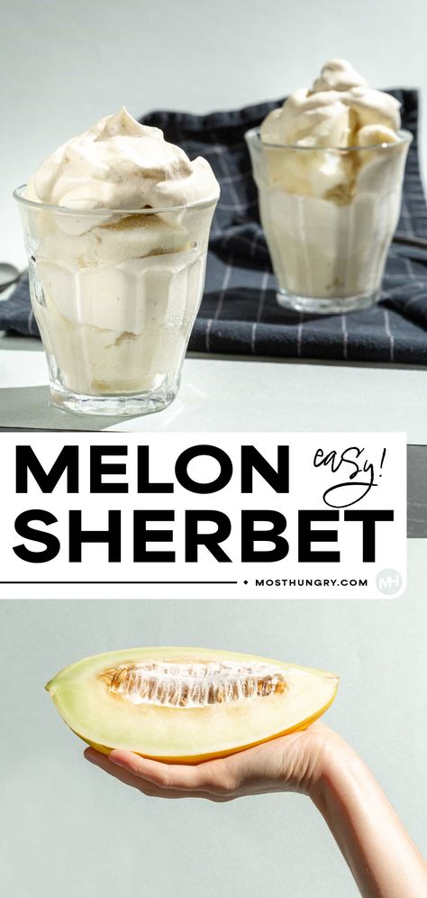 Homemade Melon Sherbet Canary Melon, Vanilla Bean Whipped Cream, Sherbet Recipes, Melon Recipes, Zesty Salad, Quick Seafood Recipes, Quick Salads, Making Whipped Cream, Dinner Salads