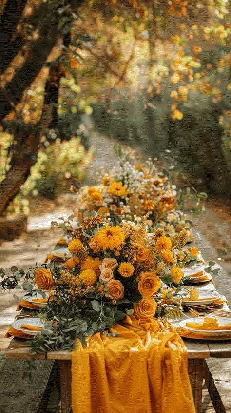 21 Fall Wedding Color Palette Ideas That Aren't Just Orange Yellow And Orange Wedding Decor, Orange Wedding Pallet, Plum And Mustard Wedding, Yellow Fall Wedding Flowers, Fall Morning Wedding, Fall Wedding Purple And Orange, Marigold Fall Wedding, Dark Green Mustard Yellow Color Palette, Yellow Orange Wedding Theme