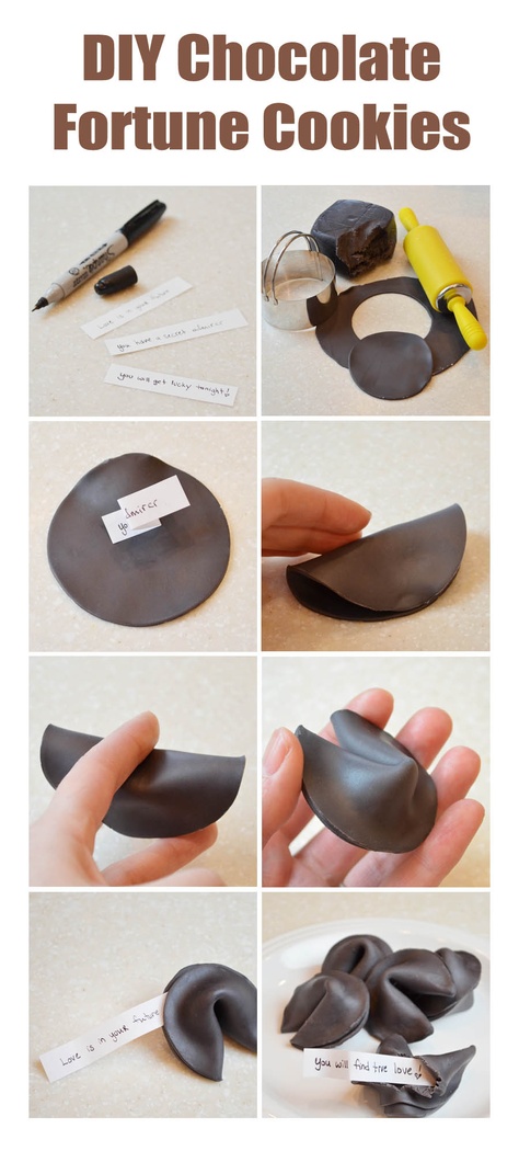 Chocolate Fortune Cookies DIY Sugar Vixen from www.screamsirens.com Fortune Cookies Diy, Food Pottery, Fortune Cookies Recipe, Diy Chocolate, Clay Magnets, Fortune Cookies, Clay Diy Projects, How To Make Clay, Pottery Crafts