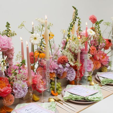 bright wedding flowers • Instagram Bright Flowers Wedding Table, Spring Flower Table Arrangements, Peach Purple Wedding, Colorful Wedding Table, Long Table Centerpieces, Tribeca Nyc, Bright Wedding Flowers, Snow Wedding, Flowers Instagram