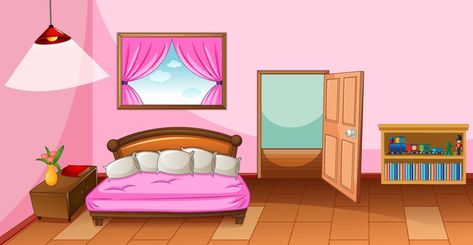 Bedroom interior with furniture in pink color theme Bedroom Background Drawing, Pink Bedroom Drawing, Bedroom Background Cartoon, Room Vector Illustration, Minimal Kids Room, Inside House Cartoon Background, Bedroom Scene, Baby Boy Bedroom, Teen Boy Room