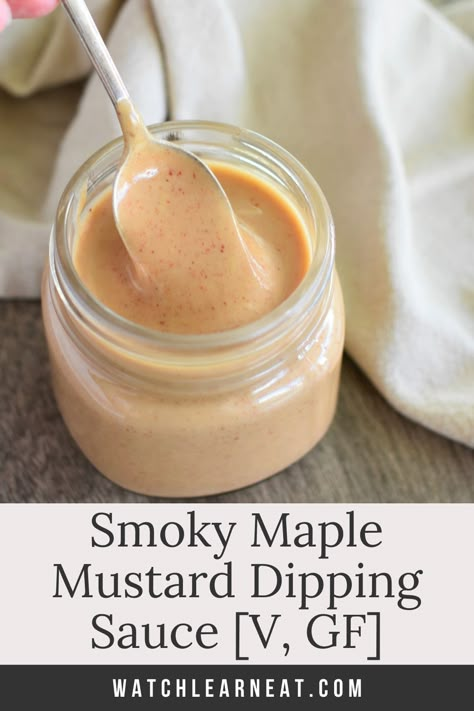 holding a spoon dipped into a mason jar of the sauce with a kitchen napkin behind it Caramel Dipping Sauce For Sweet Potato Fries, Maple Mayo Dipping Sauce, Sausage Dipping Sauce, Cherry Mustard Sauce, Maple Sauce For Chicken, Maple Dijon Sauce, Mustard Dipping Sauce For Sausage, Pork Dipping Sauce, Sweet Potato Fry Dipping Sauce