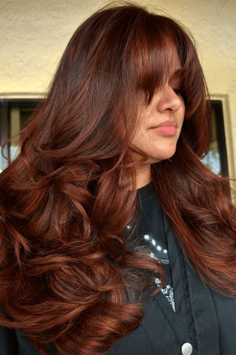 cherry brunette, hair colors, hair inspiration Brown Hair With A Hint Of Red, Auburn Hair With Curtain Bangs, Cherry Brunette Hair, Cherry Brunette, Brunette Hair Shades, Dark Red Hair With Brown, Chocolate Auburn Hair, Reddish Brown Hair Color, Cinnamon Hair