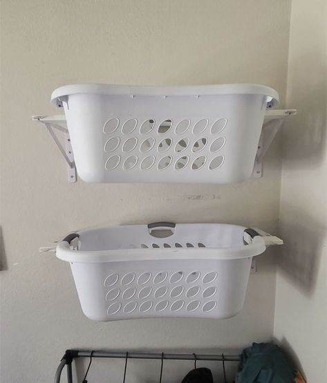 This bracket will allow you to stud-mount shelf brackets for the purpose of holding a laundry basket. Designed to fit Wal-Mart's Hyper Tough brand of shelf brackets, and the laundry baskets seen pictured. Laundry Basket Shelf, Laundry Basket Shelves, Laundry Basket Holder, Basket Shelf, Basket Holder, Laundry Room Closet, Laundry Room Shelves, Laundry Closet, Laundry Baskets