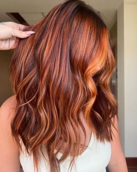 Copper Hair Fall 2023, Auburn Hair Summer, Copper Hair With High And Low Lights, Deminsional Copper Hair, Best Clothing Colors For Copper Hair, Auburn Hair Shadow Root, Copper Hair Dimensional, Copper Dimensional Hair Color, Orange Hair With Brown Highlights