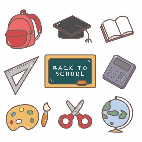 School Items Drawing, Illustration Board Design, School Supplies Drawing Easy, School Things Drawing, Education Doodles, Back To School Drawings Easy, First Day Of School Drawing, School Supplies Illustration, Doodles School