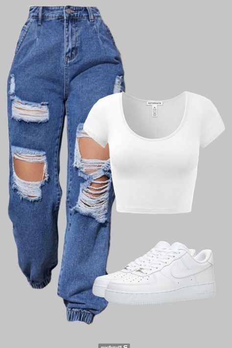 Ripped Jeans, Outfit Ideas, Sneakers, White, Clothes